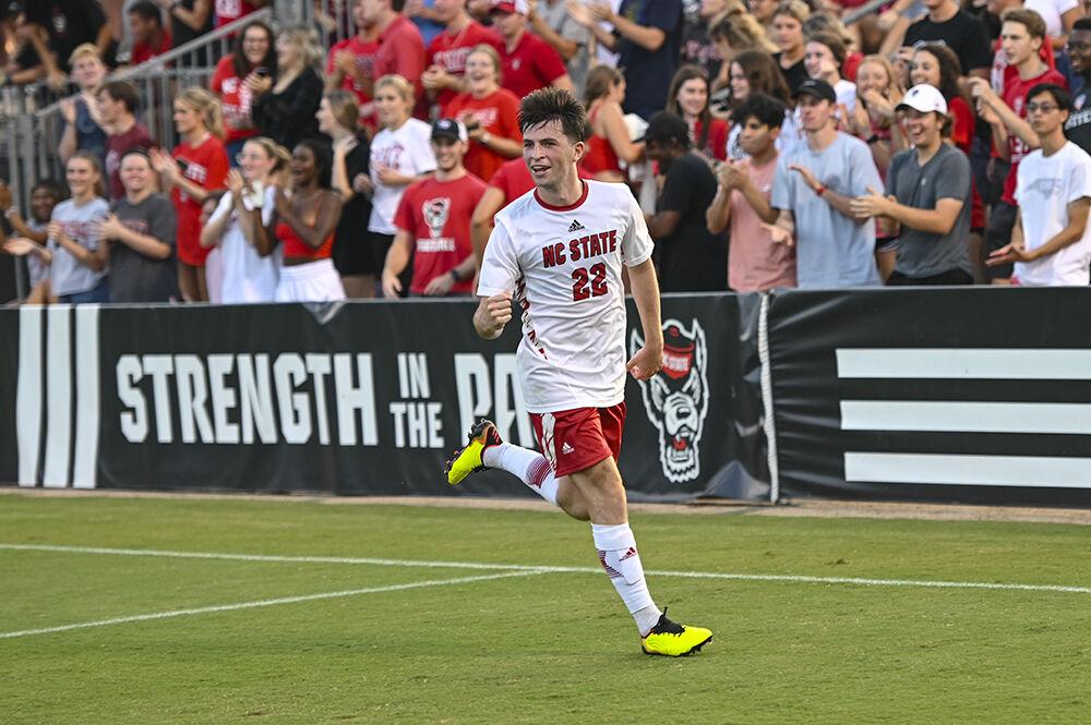 Graduate midfielder Conor Kelly celebrates during the match against Wofford at Dail Soccer Field on Monday, Aug. 29, 2022. Kelly scored three goals. The Wolfpack won 4-0.