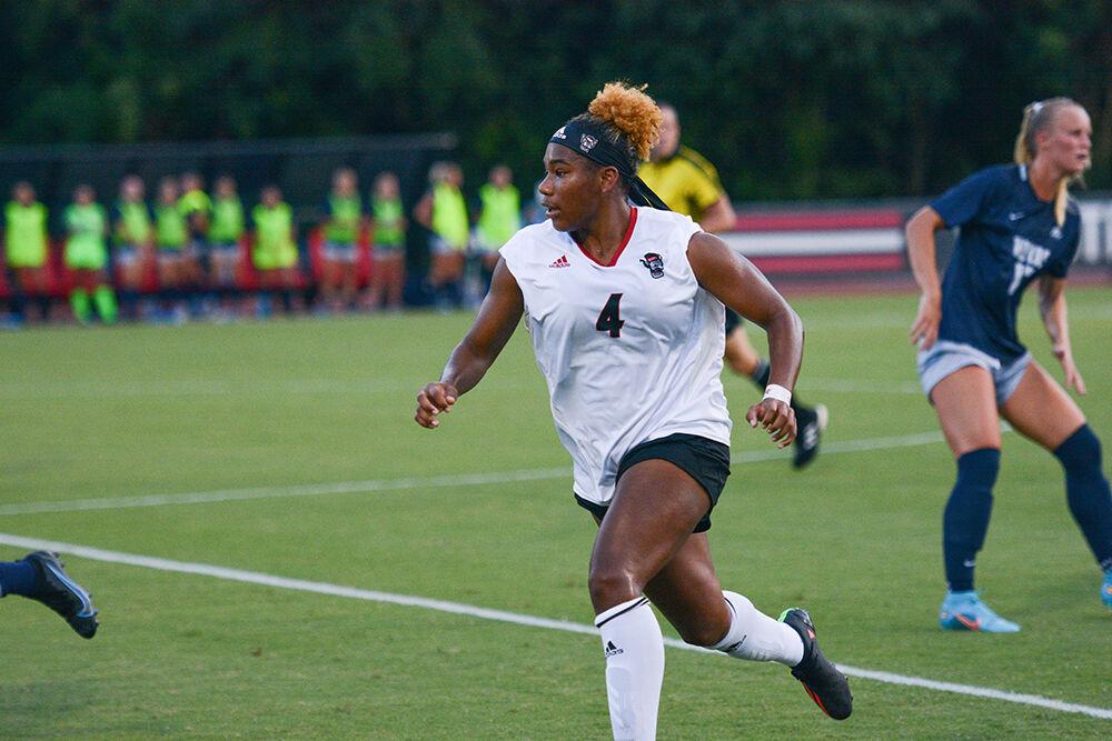 Senior forward Leyah Hall-Robinson chases the ball during the women's soccer match against Georgetown at Dail Soccer Field on Sunday, Aug. 28, 2022. NC State tied with Georgetown 2-2.