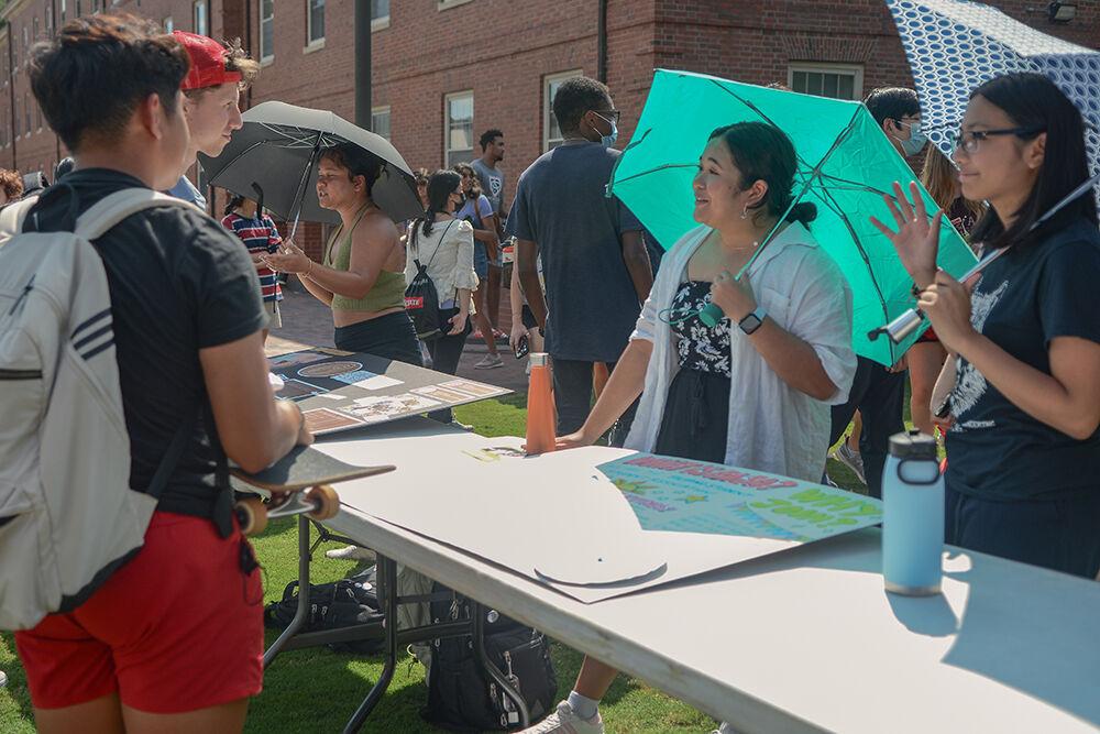 (On left) Angela Carrillo, a third-year studying human biology and Anjolie Baccay, a second-year studying computer engineering, discuss the Filipino American Student Association with prospective students at the Student Involvement Fair at Stafford Commons on Friday, Aug. 26, 2022. The Filipino American Student Association was a cultural organization for those interested in and to bring awareness to the Filipino culture.