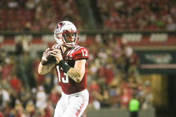 Redshirt sophomore quarterback Devin Leary prepares to throw the ball during the game against Furman on Saturday, Sept. 18, 2021 at Carter-Finley Stadium. Leary had three touchdowns with 259 yards. The Wolfpack beat the Furman Paladins 45-7.