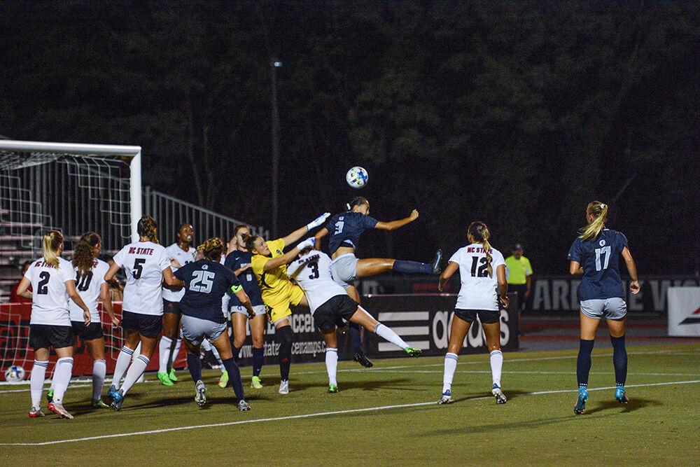 NC State women's soccer team defends a corner kick during the match against Georgetown at Dail Soccer Field on Sunday, Aug. 28, 2022. The Wolfpack tied the Hoyas 2-2.