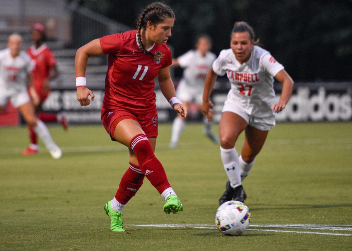 Sophomore defender Fernanda Soto secures and passes the ball from the opponent team in the match against the Campbell Camels on Thursday, Aug. 25, 2022 at Dail Soccer Field. The team had three shots on goals against Campbell. The Wolfpack beat the Camels 1-0.