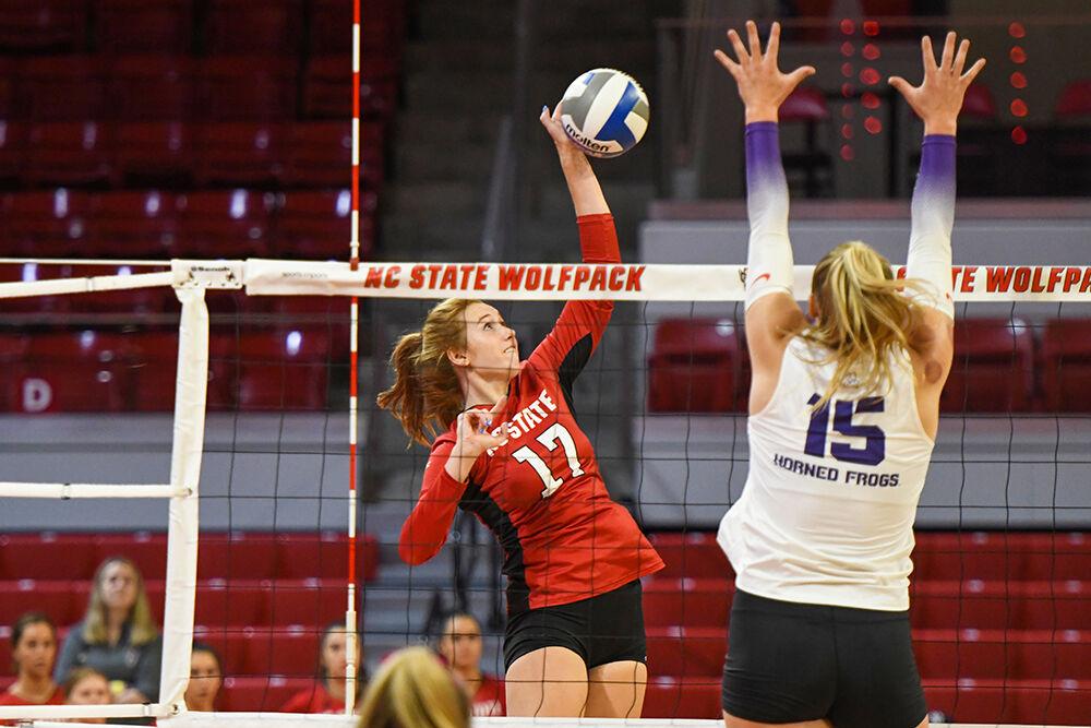 Sophomore opposite hitter Amanda Rice prepares to tip the ball over in the game against TCU on Friday, Sept. 9, 2022 in Reynolds Coliseum. Rice made four kills throughout the game. NC State won 3-0 over TCU.
