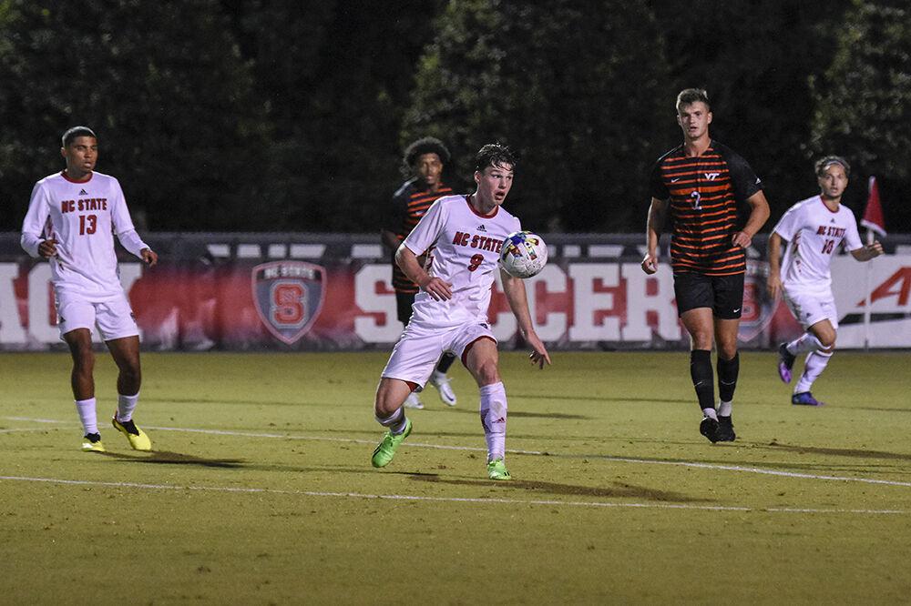 Sophomore forward Luke Hille prepares to kick the ball during the match against Virginia Tech on Friday, Sept. 23, 2022 at Dail Soccer Field. Hille scored one goal for the Wolfpack. NC State beat Virginia Tech 1-0.