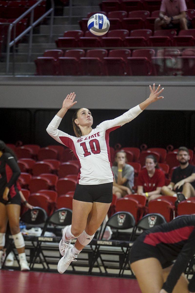 Graduate defensive specialist and libero Priscilla Hernandez prepares to spike the ball against Western Carolina University on Friday, Sept. 9, 2022 at Reynolds Coliseum. Hernandez played in all three sets in the 3-0 loss to Western Carolina University.