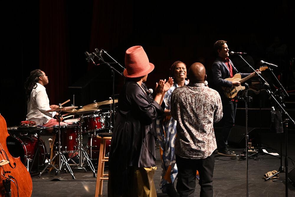Ranky Tanky lead vocalist Quiana Parler and trumpeter Charlton Singleton sing to each other as Lisa Fischer claps along on Thursday, Sept. 29, 2022 in Stewart Theatre. The concert featured Grammy winning band Ranky Tanky.