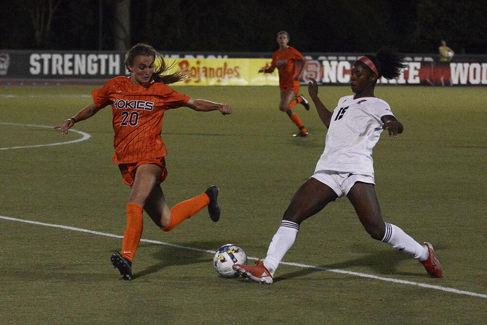 Senior forward Jameese Joseph dribbles the ball during the match against Virginia Tech on Thursday, Sept. 22, 2022 at Dail Soccer Field. NC State lost 1-0.