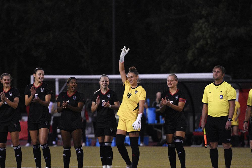 Junior goalkeeper Maria Echezarreta is introduced during the pre-game lineup before the match against the Blue Devils at Dail Soccer Field on Sunday, Sept. 25, 2022. Echezarreta had five saves. NC State lost 6-0.
