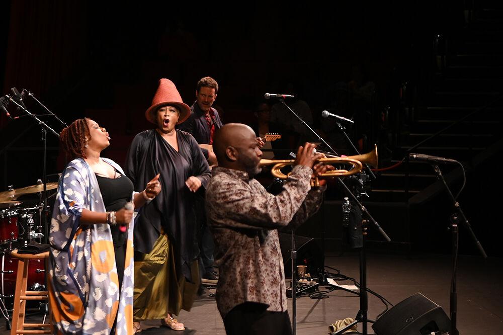 Lisa Fischer reacts to Ranky Tanky trumpeter Charlton Singleton's solo on Thursday, Sept. 29, 2022 in Stewart Theatre. The concert featured Grammy winning band Ranky Tanky.