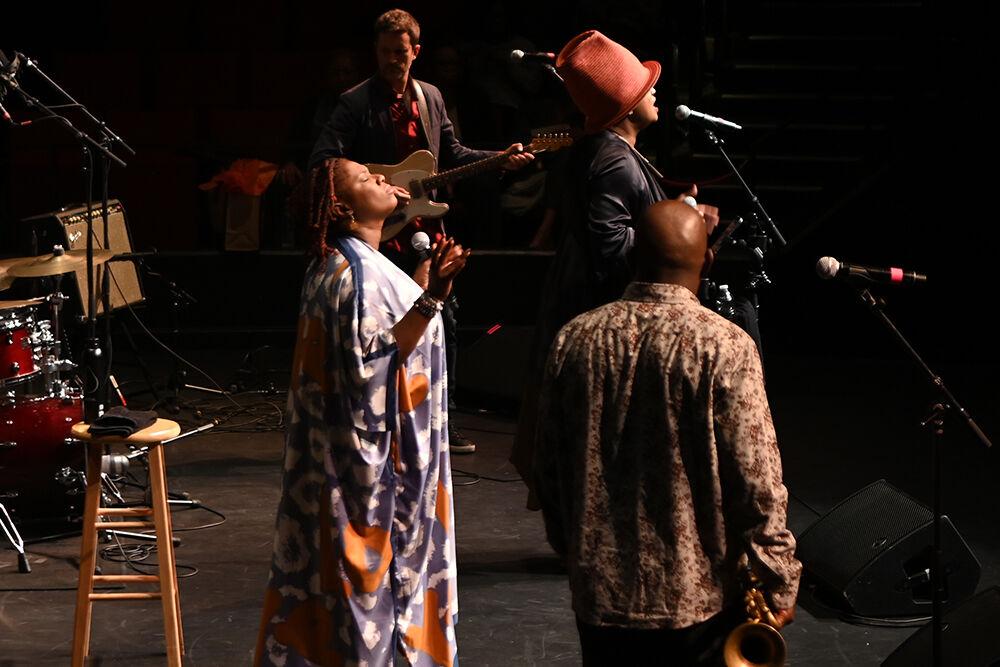 Ranky Tanky lead vocalist Quiana Parler takes in the crowd's energy on Thursday, Sept. 29, 2022 in Stewart Theatre. The concert featured Grammy winning band Ranky Tanky.