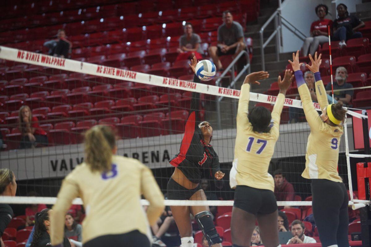 Redshirt sophomore outside hitter Madison Williams spikes the ball against Western Carolina University on Friday, Sept. 9, 2022 at Reynolds Coliseum. Williams had two kills in the 3-0 loss to Western Carolina University.