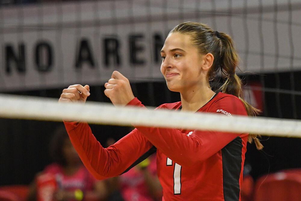 Freshman outside hitter Ava Brizard celebrates a point during the game against TCU on Friday, Sept. 9, 2022 in Reynolds Coliseum. Brizard made nine kills and 11 digs. NC State beat TCU 3-0.