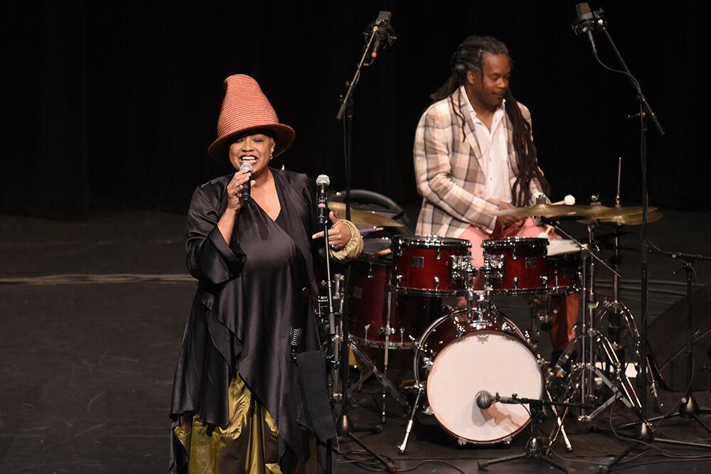 Special guest Lisa Fischer sings with Ranky Tanky drummer Quentin Baxter (on right) and lead vocalist Quiana Parler (on left) in the background on Thursday, Sept. 29, 2022 at Stewart Theatre. The Grammy award winning band performed with special guest Lisa Fischer.