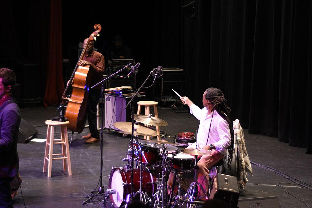 Percussionist Quentin Baxter (right) points to bassist Kevin Hamilton on Thursday, Sept. 29, 2022 in Stewart Theatre. The concert featured Grammy winning band Ranky Tanky and special guest Lisa Fischer.
