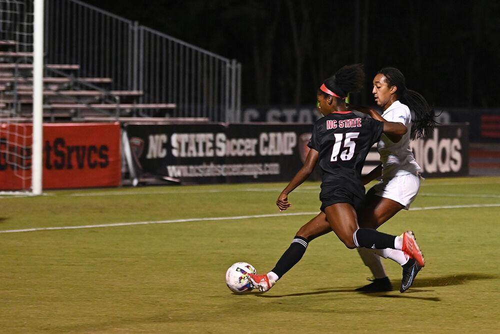 Senior forward Jameese Joseph shoots during the match against the Duke Blue Devils at Dail Soccer Field on Sunday, Sept. 25, 2022. Joseph had one shot attempt. The Wolfpack lost 6-0.