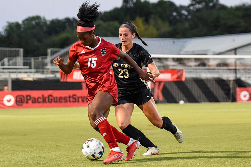 Senior forward Jameese Joseph defends the ball during the match against Wake Forest on Sunday, Sept. 18, 2022 at Dail Soccer Field. Joseph attempted two shots on the goal and scored one. NC State won 2-1.