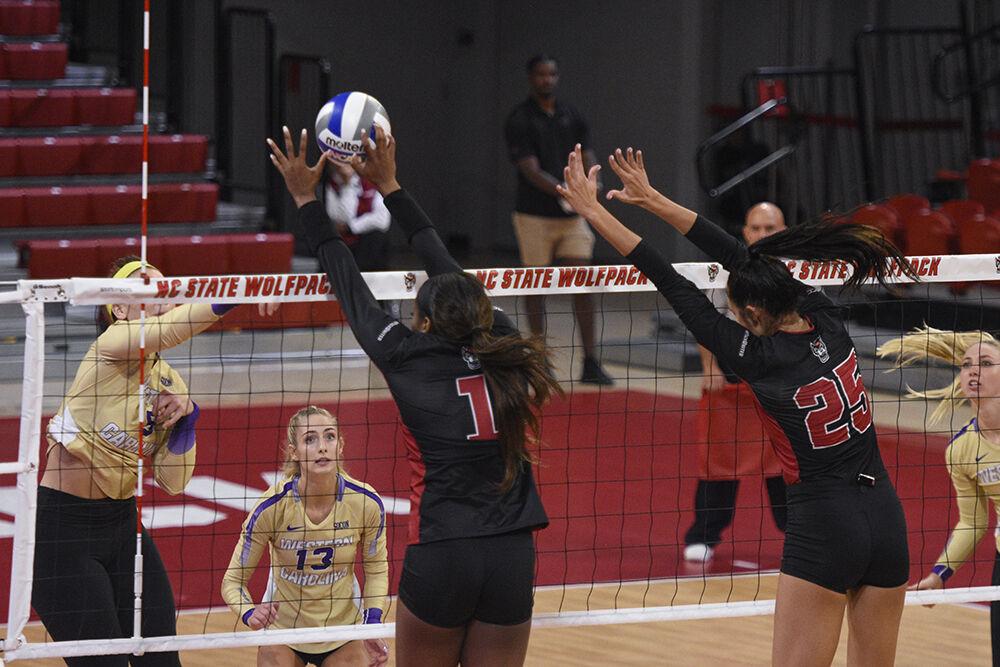 Redshirt sophomore outside hitter Madison Williams blocks a spike versus WCU on Friday, Sept. 9, 2022 in Reynolds Coliseum. Williams had two digs during NC state&#8217;s 3-0 loss to the Catamounts.