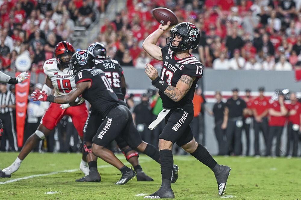Redshirt junior quarterback Devin Leary throws the ball during the football game against Texas Tech at Carter-Finley Stadium on Saturday, Sept. 17, 2022. The Wolfpack beat the Raiders 27-14.