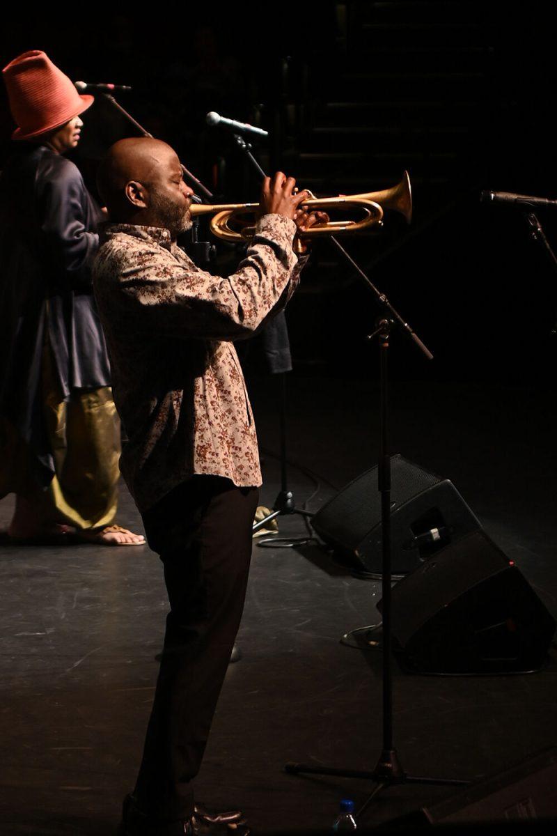 Ranky Tanky trumpeter Charlton Singleton performing a solo on Thursday, Sept. 29, 2022 in Stewart Theatre. The concert featured Grammy winning band Ranky Tanky.