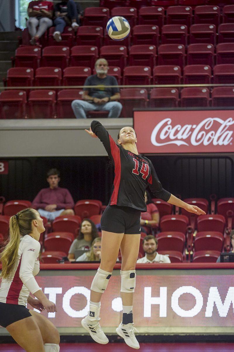 Sophomore outside hitter Martyna Leoniak prepares to spike the ball against Western Carolina University on Friday, Sept. 9, 2022 at Reynolds Coliseum. Leoniak had two kills in the 3-0 loss to Western Carolina University.