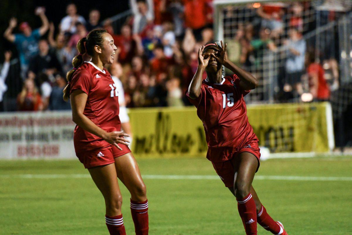 Senior forward Jameese Joseph celebrates her late game goal to clinch the victory over the Campbell Camels on Thursday, Aug. 25, 2022 in Dail Soccer Field. This is Joseph's second goal of the season for the Wolfpack. NC State beat Campbell 1-0.