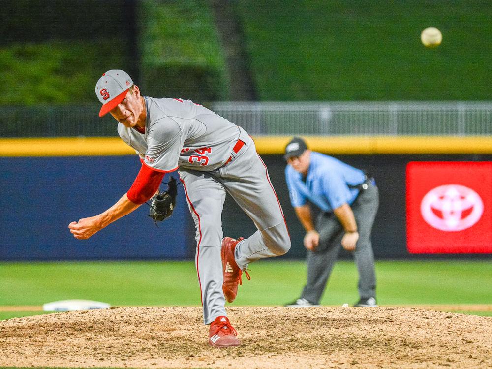 Sophomore pitcher Evan Justice delivers the ball against Georgia Tech in the ACC Tournament on Saturday, May 25, 2019 at Durham Bulls Athletic Park. Justice faced two batters and gave up two earned runs on one hit as the Wolfpack lost 9-2.