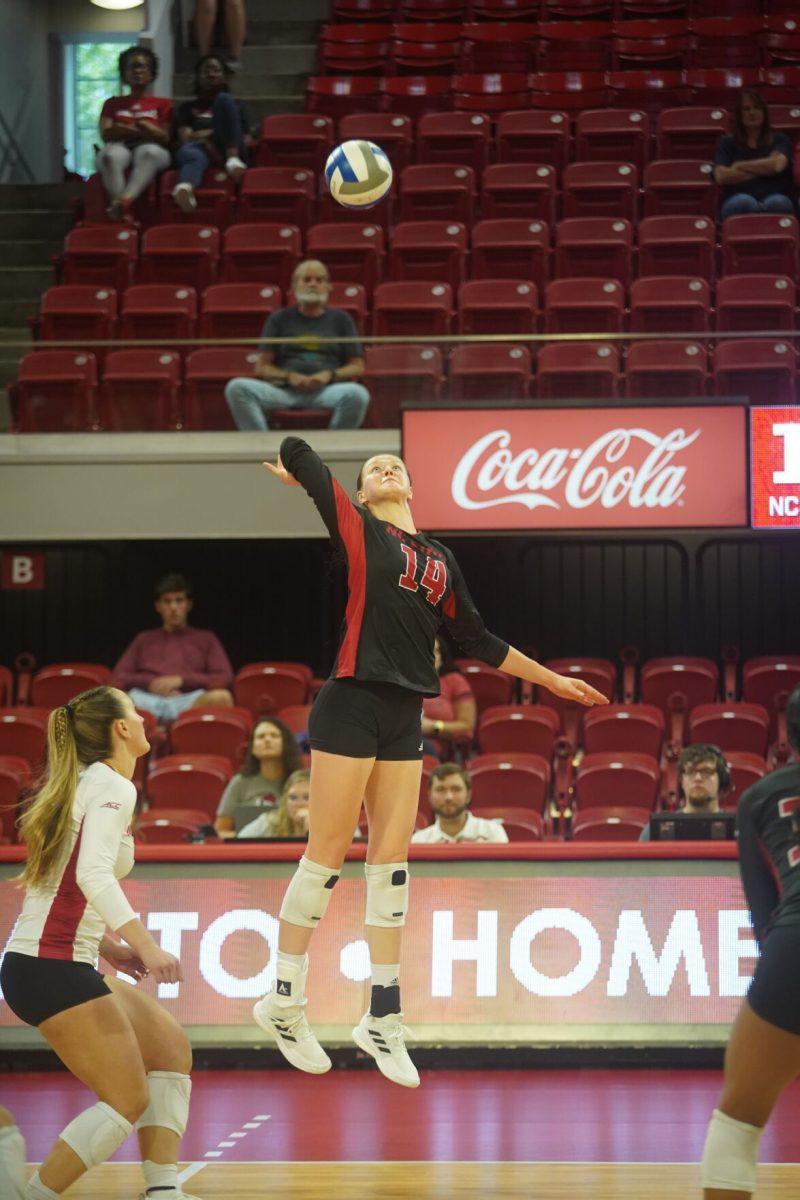 Sophomore outside hitter Martyna Leoniak prepares to spike the ball against Western Carolina University on Friday, Sept. 9, 2022 at Reynolds Coliseum. Leoniak had two kills in the 3-0 loss to Western Carolina University.