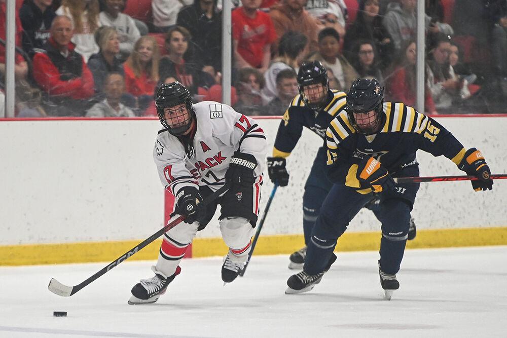Senior forward Garrett Auriene looks to pass during the game against Drexel at Wake Competition Center on Friday, Sept. 23, 2022. Auriene had one assist. NC State won 7-1.