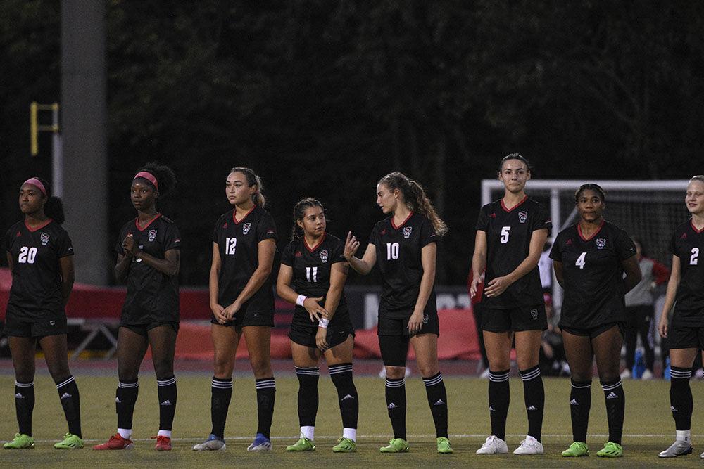 Sophomore midfielder Annika Wohner (right) converses with sophomore defender Fernanda Soto during the pre-game lineups right before the match against the Blue Devils at Dail Soccer Field on Sunday, Sept. 25, 2022. NC State lost 6-0.