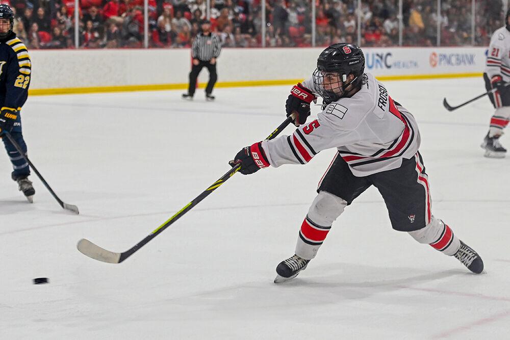Senior defenseman Ricky Frosch takes a shot on goal during the game against Drexel at Wake Competition Center on Friday, Sept. 23, 2022. Frosch scored one goal and had one assist. NC State beat Drexel 7-1.