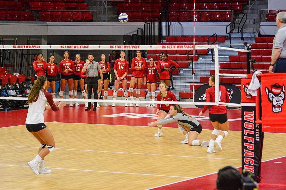 Graduate libero Priscilla Hernandez passes the ball to a teammate in the game against Elon on Saturday, Sept. 3, 2022 in Reynolds Coliseum. Hernandez made 21 digs overall during the game. NC State won 3-1 against Elon.