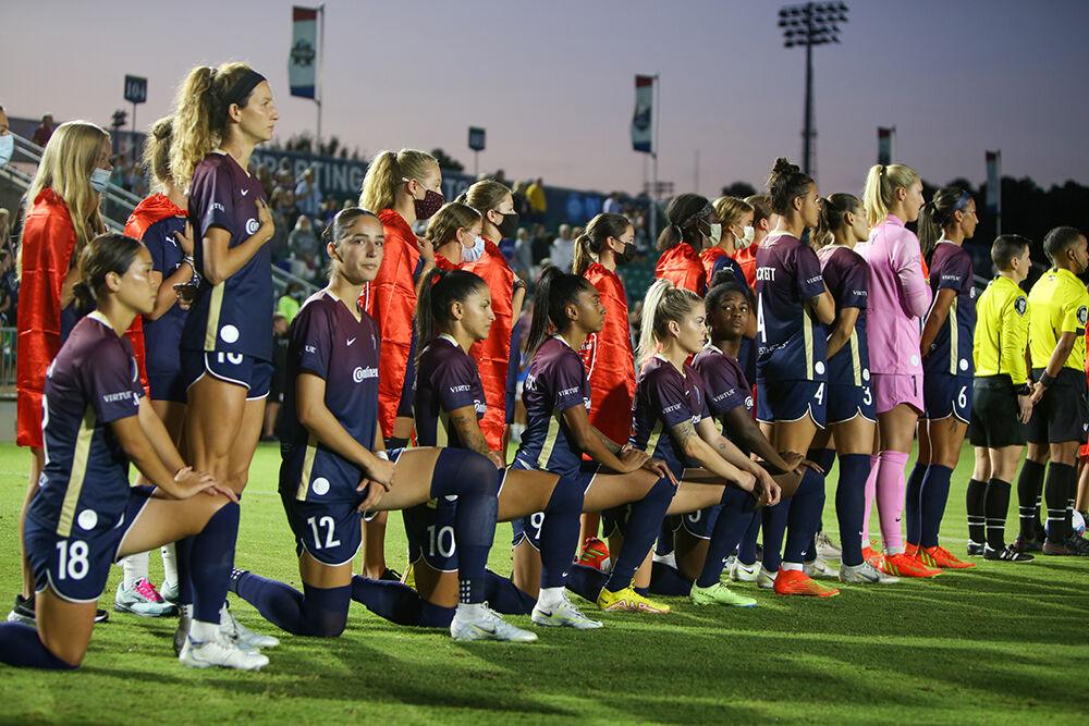 Courage forward Diana Ord&#242;&#241;ez looks to the side as members of the team kneel during the national anthem before the NC Courage match against OL Reign on Friday, Sept. 17, 2022. OL Reign won the match 2-1.