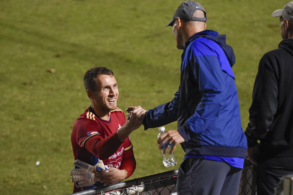 NCFC goalkeeper Will Pulisic greets fan after the match against Union Omaha on Saturday, Oct. 1, 2022 in Sahlen's Stadium at WakeMed Soccer Park. Pulisic made 19 passes. NCFC tied the match 1-1.