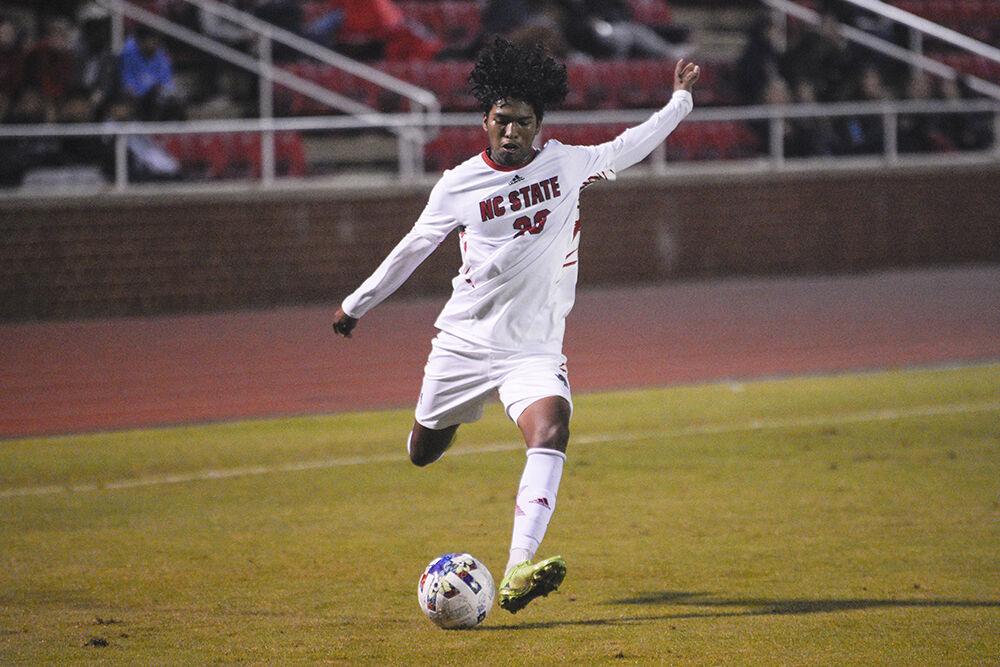 Freshman defender Jonathan Cisneros prepares to kick during the match against Radford on Tuesday, Oct. 25, 2022 at Dail Soccer Field. NC State beat Radford 2-0.