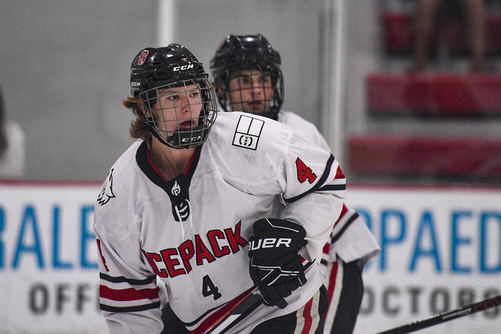 Junior forward Jackson Cowen surveys the rink during the game versus the University of Mary at Wake Competition Center on Thursday, Oct. 13, 2022. The Icepack lost to the Marauders 4-0.