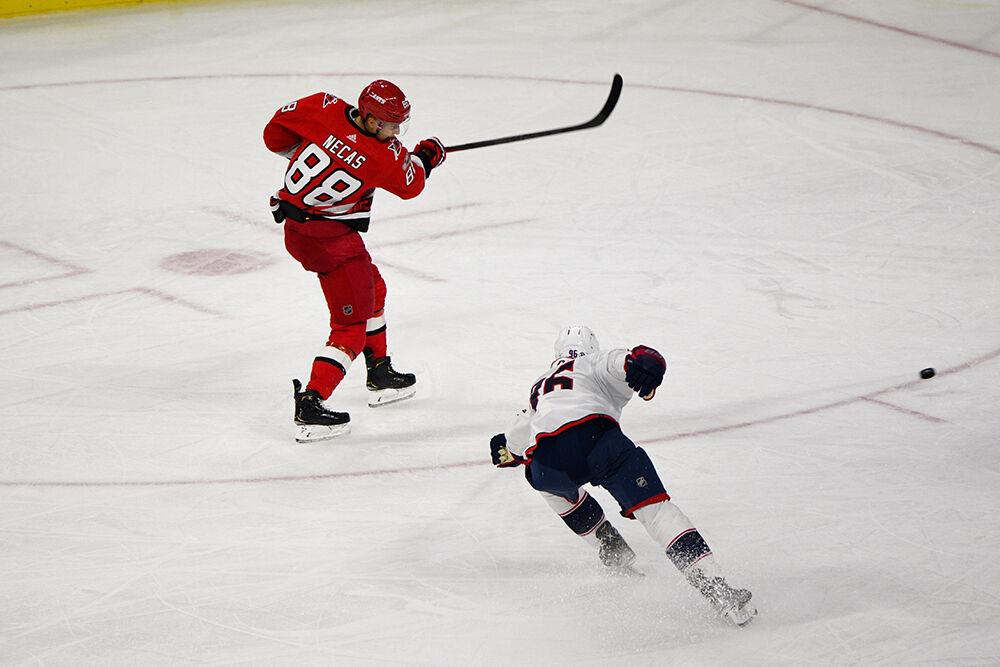 Carolina Hurricanes right wing Martin Necas scores a goal during the game against the Columbus Blue Jackets on Wednesday, Oct. 12, 2022 in PNC Arena. Necas was the first star with one goal and two assists. The Hurricanes beat the Blue Jackets 4-1.
