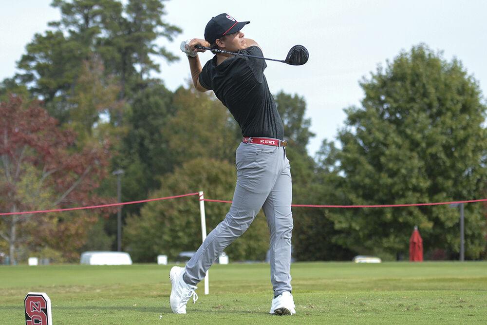 Senior Brandon Einstein swings his club during the Wolfpack Intercollegiate on Oct. 16, 2022 at Lonnie Poole Golf Course. Einstein tied for 28th with an overall 54-hole score of 5-over. NC State tied for second overall.&#160;
