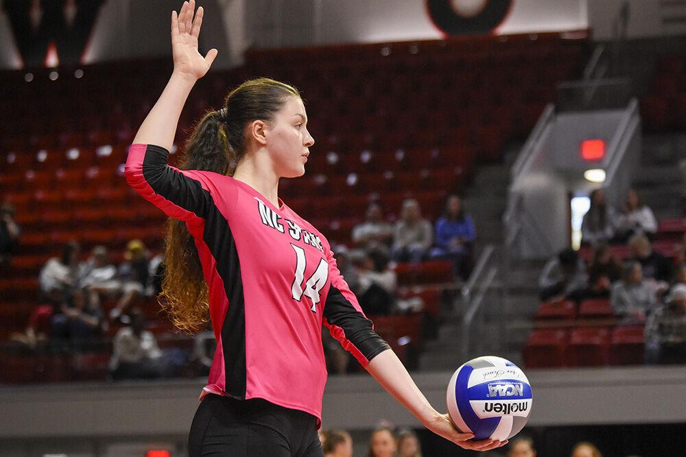 Sophomore opposite hitter Martyna Leoniak serves in the game against Georgia Tech on Sunday, Oct. 30, 2022 in Reynolds Coliseum. Leoniak recorded 19 kills, two assists, 14 digs and 24 points. The Wolfpack lost to the Yellow Jackets 1-3.