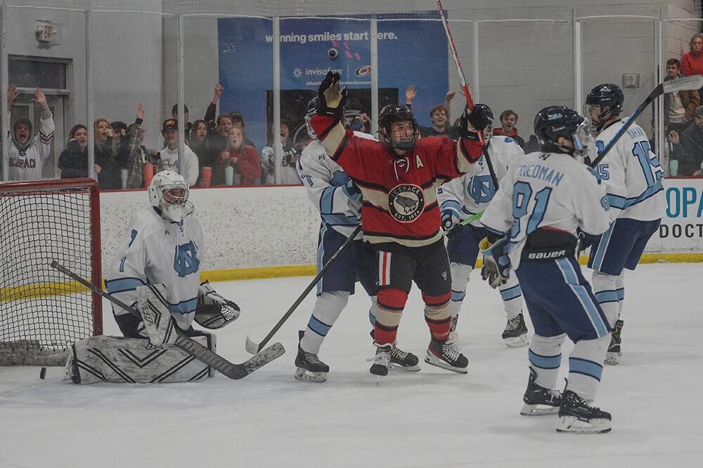 Senior forward Garrett Auriene celebrates his goal during the Icepack's home game against the UNC-Chapel Hill Tar Heels on Friday, Sept. 30, 2022 at Wake Competition Center. The Icepack lost to the Tar Heels 5-3.