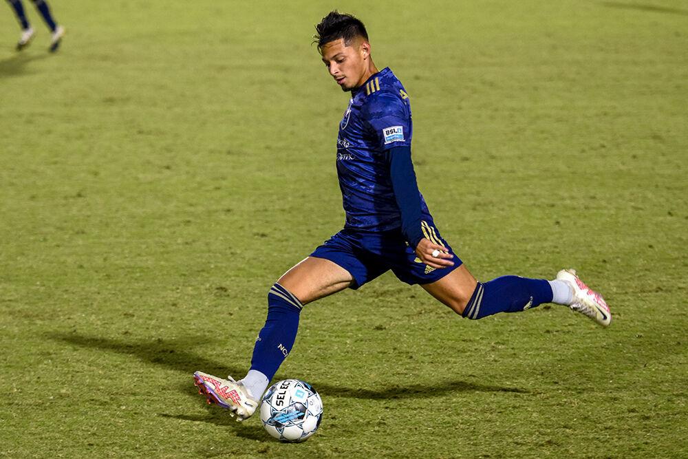 NCFC defender Nelson Flores Blanco passes the ball down the field during the match against Union Omaha on Saturday, Oct. 1, 2022 in Sahlen's Stadium at WakeMed Soccer Park. Flores Blanco made 17 passes and won one duel. NCFC tied the match 1-1.