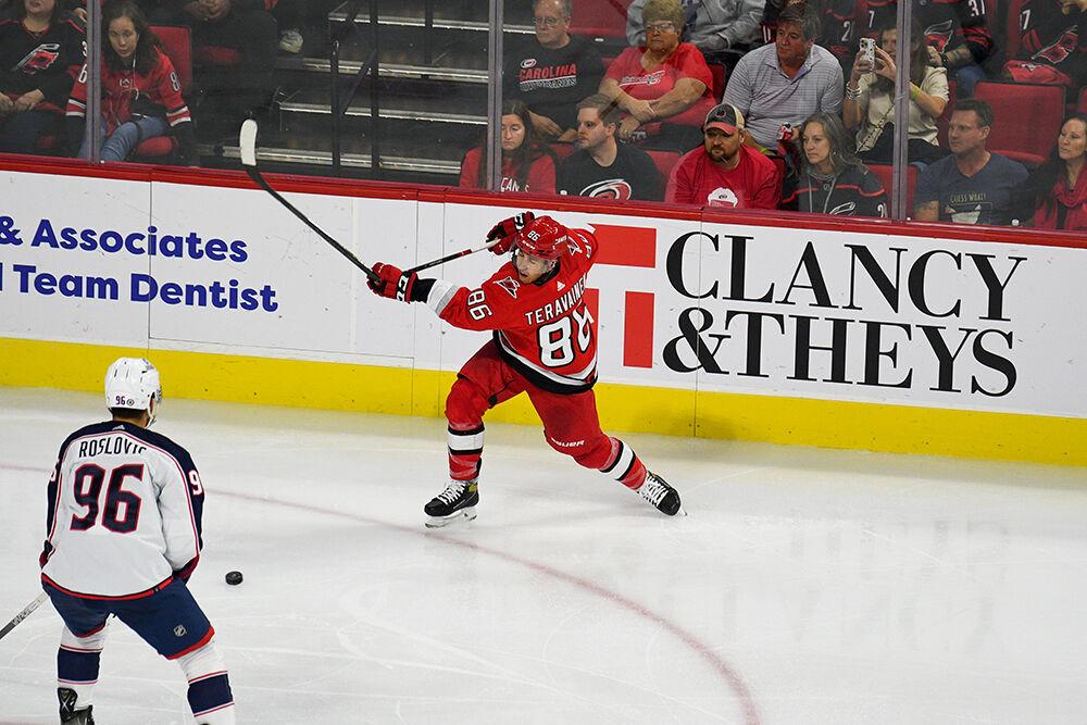 Carolina Hurricanes right wing Teuvo Teravainen breaks his stick while shooting during the game against the Columbus Blue Jackets on Wednesday, Oct. 12, 2022 in PNC Arena. Teravainen had five shots throughout the game. The Hurricanes beat the Blue Jackets 4-1.