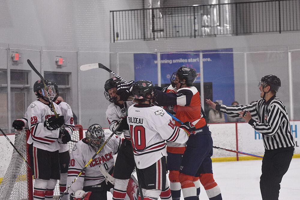 The Icepack brawls the opponent in the game versus the University of Mary at Wake Competition Center on Thursday, Oct. 13, 2022. The Icepack lost to the Marauders 4-0.
