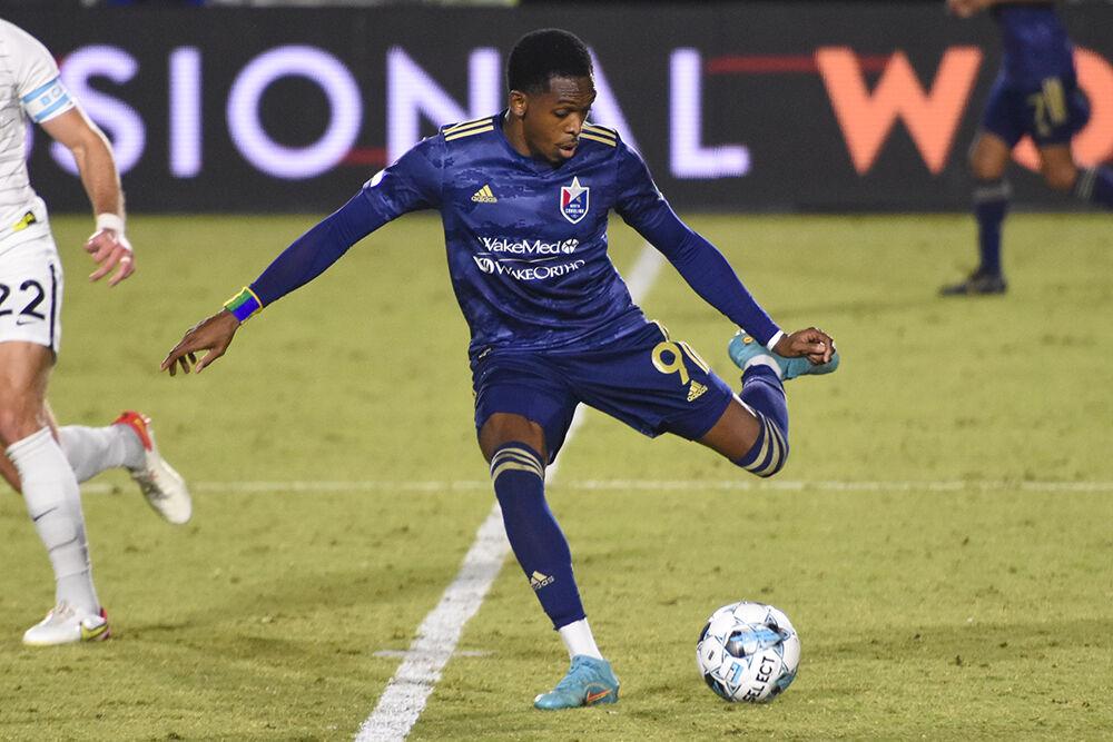 NCFC forward Oalex Anderson prepares to kick the ball during the match against Union Omaha on Saturday, Oct. 1, 2022 in Sahlen's Stadium at WakeMed Soccer Park. Anderson made 20 passes and won 12 duels. NCFC tied the match 1-1.