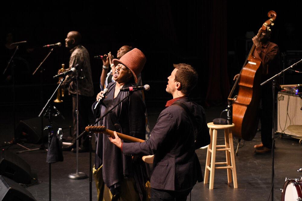 Lisa Fischer and guitarist Clay Ross sing together on Thursday, Sept. 29, 2022 in Stewart Theatre. The concert featured Grammy winning band Ranky Tanky and special guest Lisa Fischer.