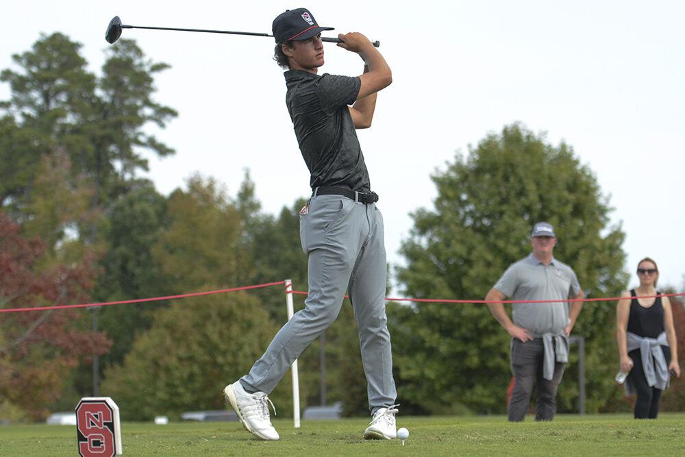 Freshman Joey Lenane follows through on a stoke during the Wolfpack Intercollegiate on Oct. 16, 2022 at Lonnie Poole Golf Course.&#160;Lenane tied for 33rd with a final 54-hole score of 6-over. NC State tied for second overall.&#160;