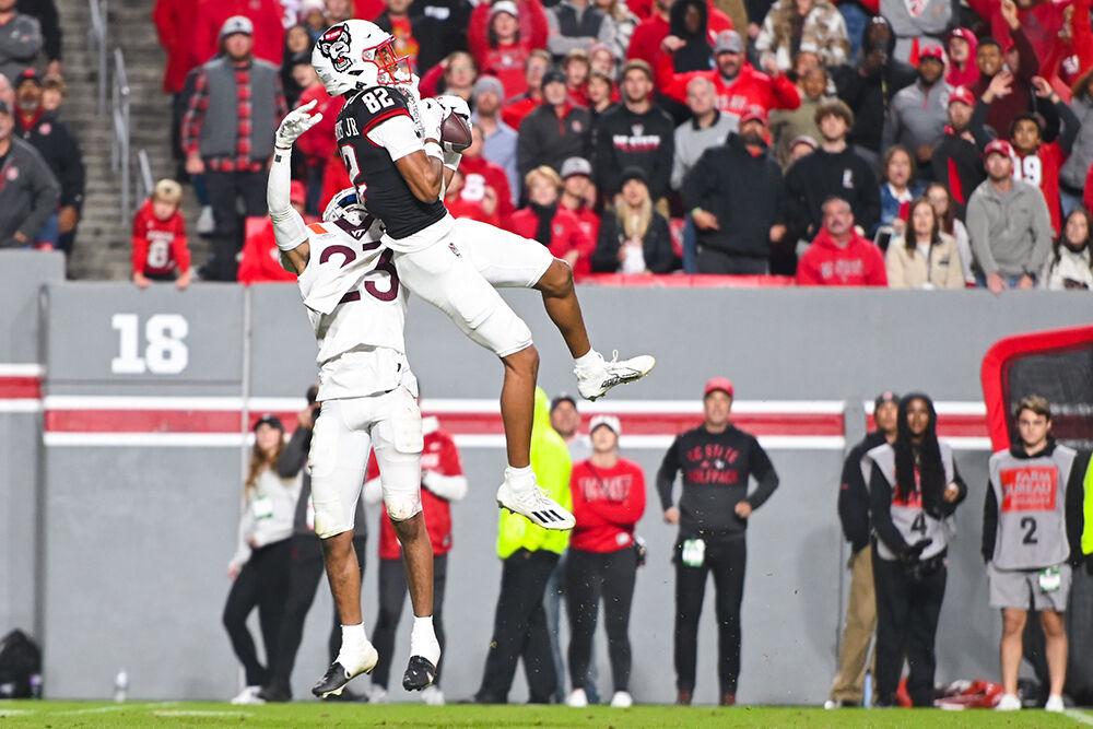 Freshman wide receiver Terrell Timmons Jr. catches the ball during the Wolfpack's home football game against the Virginia Tech Hokies on Thursday, Oct. 27, 2022 at Carter-Finley Stadium. The Wolfpack beat the Hokies 22-21.