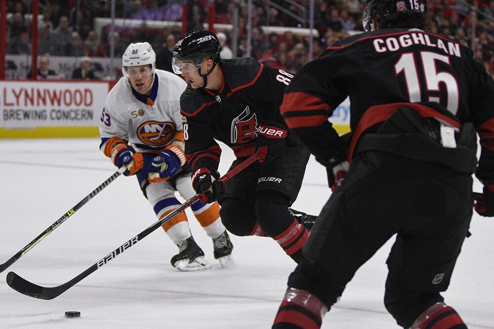 Center Martin Necas heads towards the goal during the game against the New York Islanders in PNC Arena on Friday, Oct. 28, 2022. Necas made one goal in the game. The Hurricanes lost 6-2.