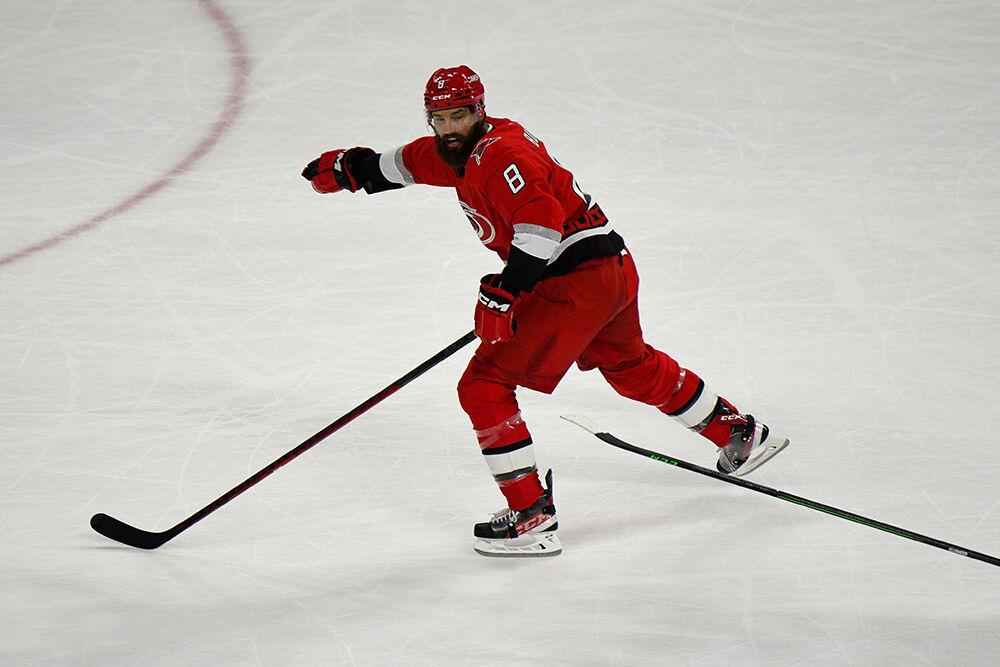 Carolina Hurricanes defenseman Brent Burns shouts to teammates during the game against the Columbus Blue Jackets on Wednesday, Oct. 12, 2022 in PNC Arena. The Hurricanes beat the Blue Jackets 4-1.