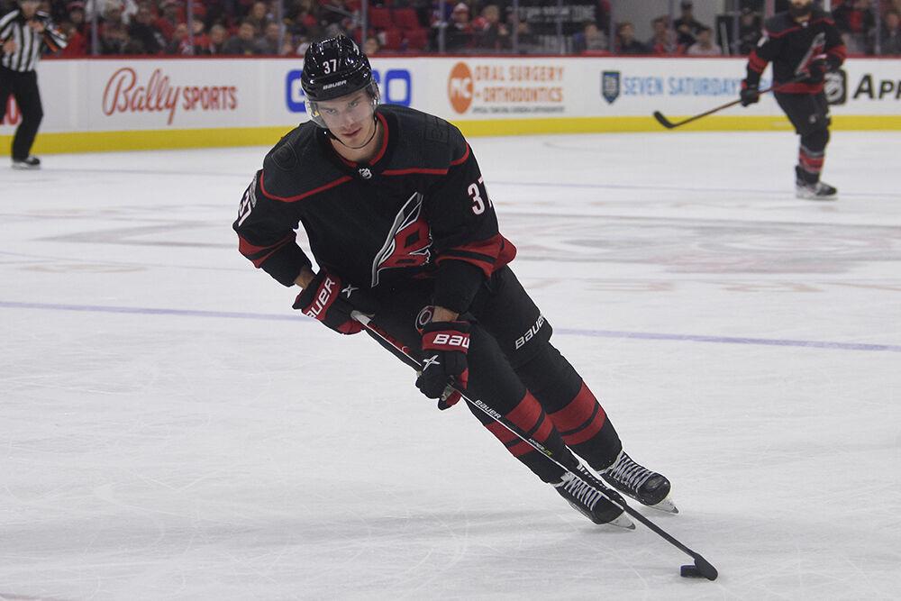 Right wing Andrei Svechnikov takes the puck up the ice during the game against the New York Islanders in PNC Arena on Friday, Oct. 28, 2022. Svechnikov had three shots. The Hurricanes lost 6-2.