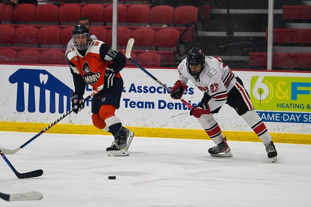 Icepack forward Philip Bailey chases the puck during the game against Univeristy of Mary on Thursday, Oct. 13, 2022 at Wake Competition Center. The Icepack lost to the Maurauders 4-0.